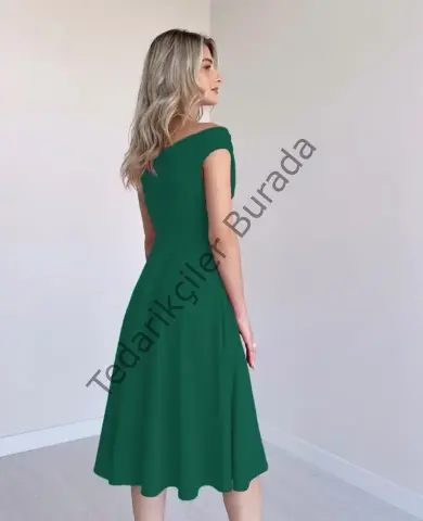 Kadın Kısa Kollu Kruvaze Yaka Eteği Volanlı Krep Elbise