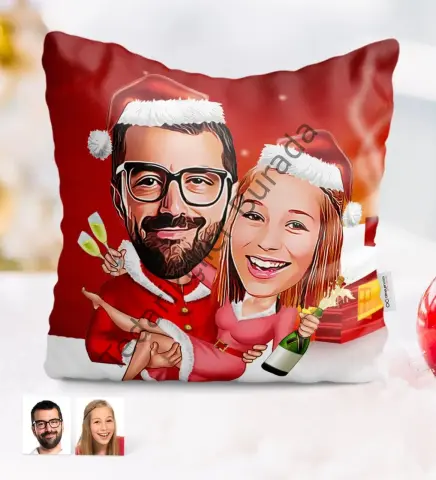 Kişiye Özel Yılbaşı Temalı Sevgililer Karikatürlü Yastık - 2