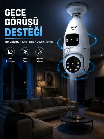 Gece Görüşlü Çift Lens Wi-Fi Ampul Kamera Mobil Takip Destekli