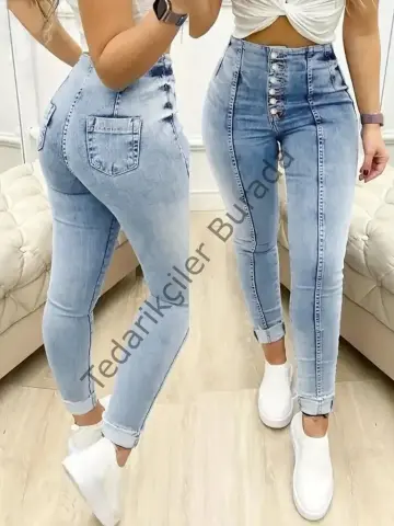 Kadın Yüksek Bel önden Düğmeli Jean Pantolon