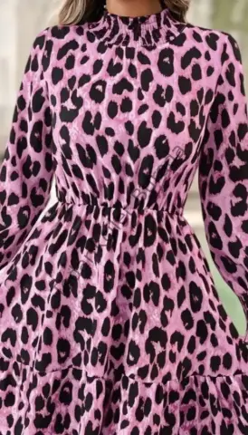Kadın Uzun Kollu Yarı Balıkçı Yaka Leopar Desenli Modal Mini Elbise