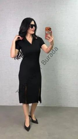 Kadın Polo Yaka çift Yırtmaç Detay Modal Kumaş Midi Boy Elbise