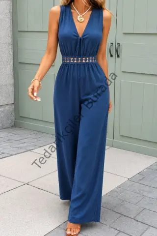 Kadın Kolsuz önden Bağcıklı Beli Dantelli Uzun Pera Tulum