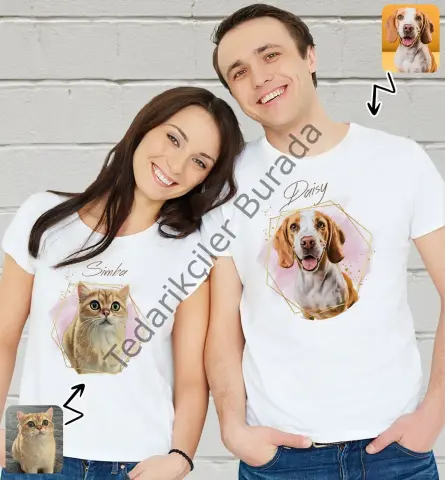 BK Gift Kişiye Özel İki Evcil Hayvan Tasarımlı Beyaz Tişört-2, Sevgiliye Hediye, Arkadaşa Hediye, Trend T-Shirt