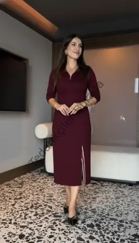 Kadın Uzun Kollu Balıkçı Yaka önden Fermuarlı Yırtmaçlı Midi Viskon Iki Iplik Elbise