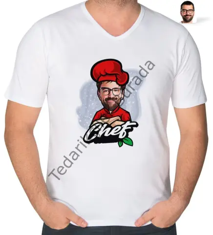 Kişiye Özel Erkek Chef Karikatürlü V Yaka Tişört-10