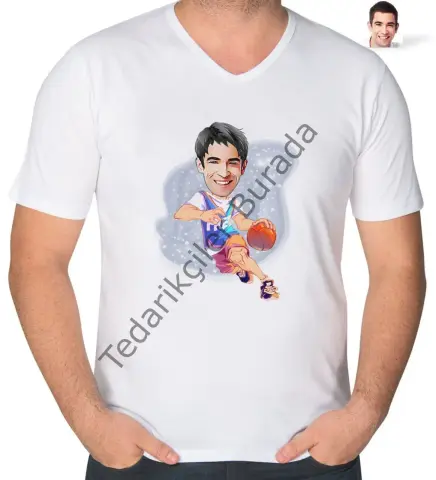 Kişiye Özel Erkek Basketbolcu Karikatürlü V Yaka Tişört-2