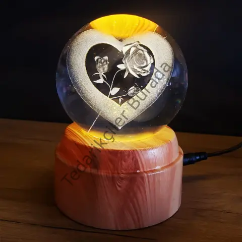 Usb`li Dönen Cam Küre Kalp Gül