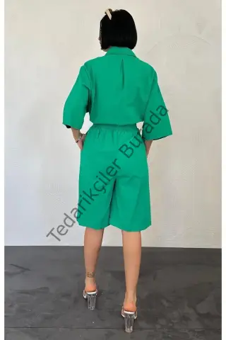 Yeşil Kısa Kollu Keten Gömlek Ve Şort Takım