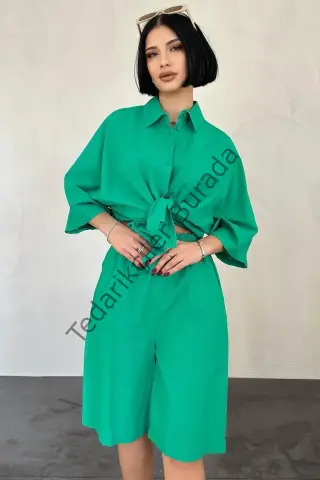 Yeşil Kısa Kollu Keten Gömlek Ve Şort Takım