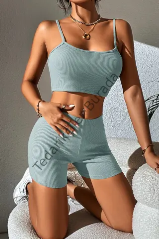 Kadın Açık Mavi Şortlu Kaşkorse Gecelik Takım H110519
