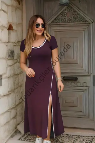 Kadın Kısa Kollu Yuvarlak Yaka Beyaz Yırtmaç Detaylı Viskon Tam Boy Elbise