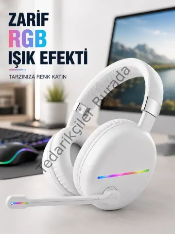 Bluetooth 5.0 Beyaz Kulak Üstü Kablosuz Kulaklık Mikrofonlu Rgb Aydınlatmalı