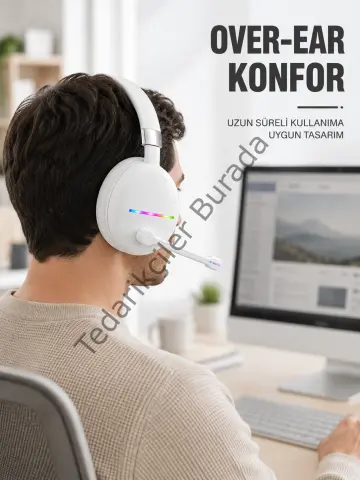 Beyaz Bluetooth 5.0 Mikrofonlu Kablosuz Kulak Üstü Kulaklık Rgb Işıklı Type-c Şarjlı