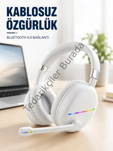 Kablosuz Bluetooth Mikrofonlu Beyaz Kulaklık  Rgb Işıklı