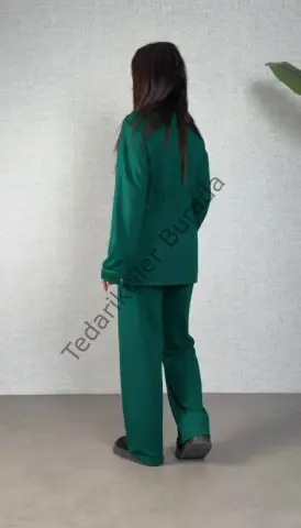 Kadın Uzun Kollu Bisiklet Yaka Belden Büzgülü Bağcıklı Viskon Iki Iplik Bluz Ve Pantolon Ikili Takım