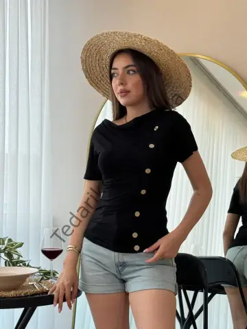 Kadın Kısa Kollu Degaje Yaka Düğme Detay Viskon Bluz