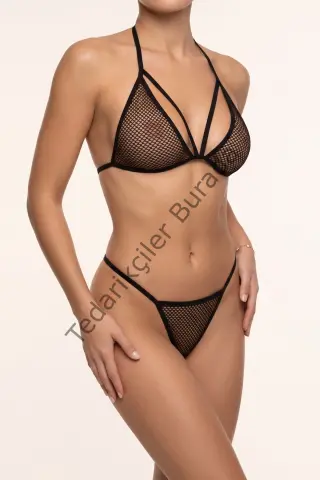 Siyah Boyundan Bağlamalı File Bralet Ve T-string Fantazi Takım Tm1482