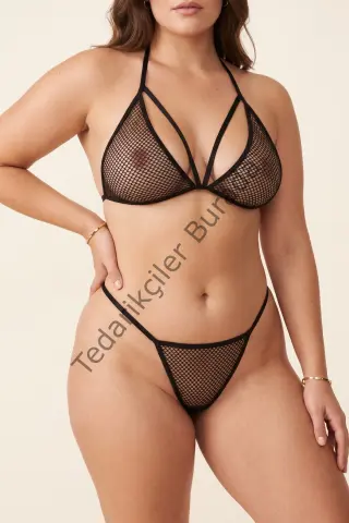Siyah Boyundan Bağlamalı File Bralet Ve T-string Fantazi Takım Tm1482