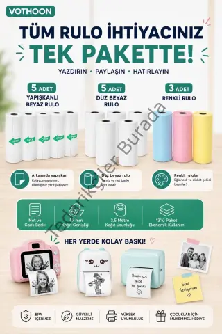 13’lü Mini Yazıcı Termal Rulo Seti Çocuk Kamera Baskı Kağıdı 5 Yapışkanlı 5 Düz Beyaz 3 Renkli
