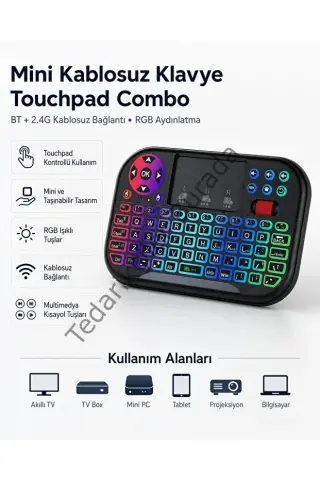 Rgb Işıklı Mini Kablosuz Klavye Touchpad Combo, Bluetooth Ve 2.4g Smart Tv Kumandası