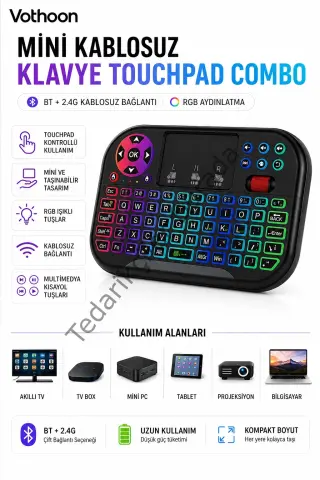 Rgb Işıklı Mini Kablosuz Klavye Touchpad Combo, Bluetooth Ve 2.4g Smart Tv Kumandası