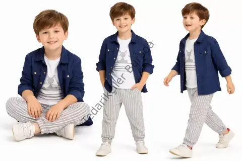 2-6 Yaş Müslin Gömlekli Tişörtlü 3lü Çocuk Takımı