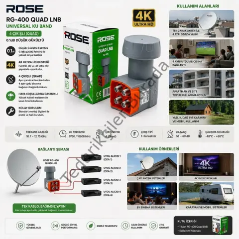 4lü Uydu Lnb Unıversal Quad 4k Ultra Hd -  3d - 0.1db Rg-400 Bx40