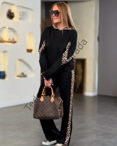 Kadın Kapüşonlu Leopar Detay Sweat Ve Yüksek Bel Yanları Leopar şeritli Bol Paça Pantolon Ikili Takım