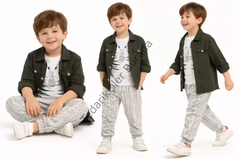 2-6 Yaş Müslin Gömlekli Tişörtlü 3lü Çocuk Takımı