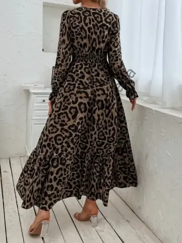Kadın Uzun Kollu Kruvaze Yaka Leopar Desenli Uzun Süprem Elbise