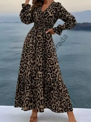 Kadın Uzun Kollu Kruvaze Yaka Leopar Desenli Uzun Süprem Elbise