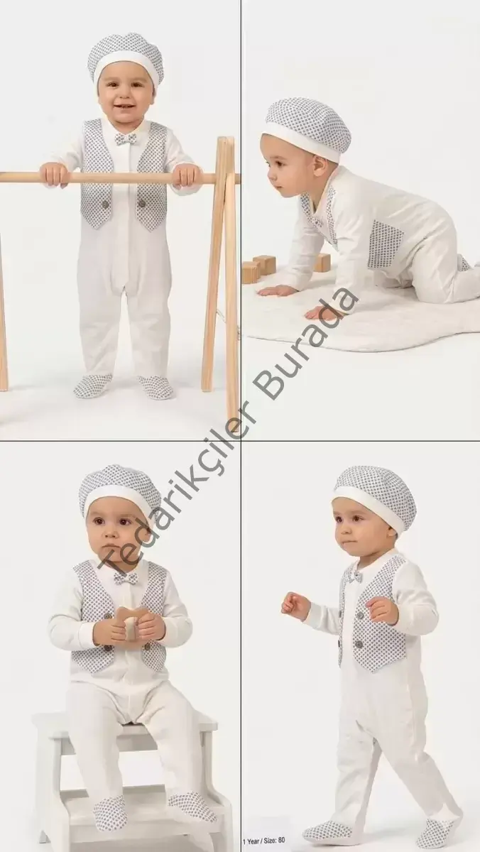 3/12 Ay Şapkalı Sahte Yelekli Bebek Tulumu