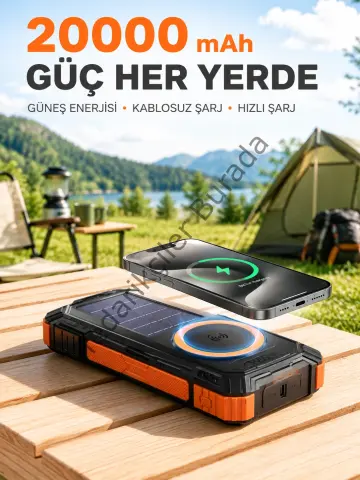 20000 Mah Powerbank Güneş Enerjili Kablosuz Şarj Hızlı Şarj Taşınabilir Batarya
