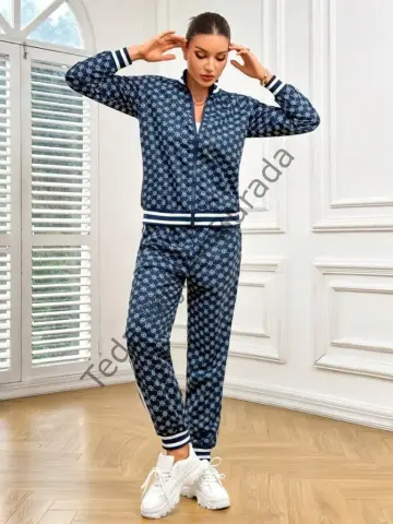 Kadın Uzun Kollu önden Fermuarlı Desenli Iki Iplik Bluz Ve Pantolon Ikili Takım