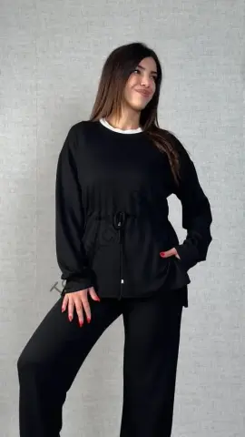 Kadın Uzun Kollu Bisiklet Yaka Belden Büzgülü Bağcıklı Viskon Iki Iplik Bluz Ve Pantolon Ikili Takım