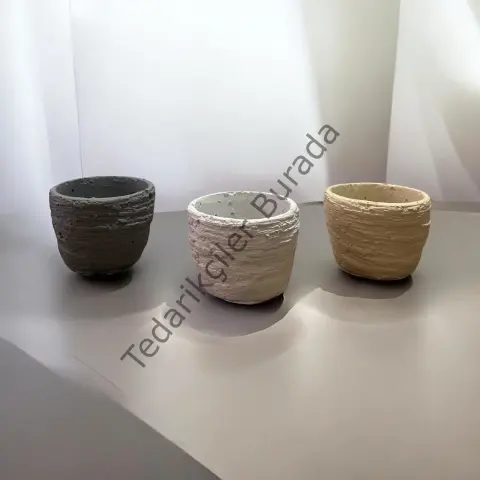3 lü Duvar Desen Beton Saksı 0,15 litre  - Kaktüs Sukulent Saksı Seti