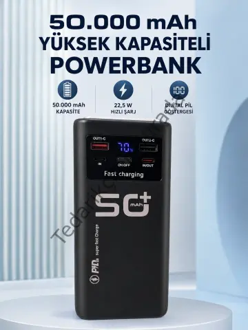 50.000 Mah Taşınabilir Powerbank 22,5 W Hızlı Şarj 4 Dahili Şarj Kablosu Dijital Ekran Led Aydınlatma Ve Taşıma Sapı