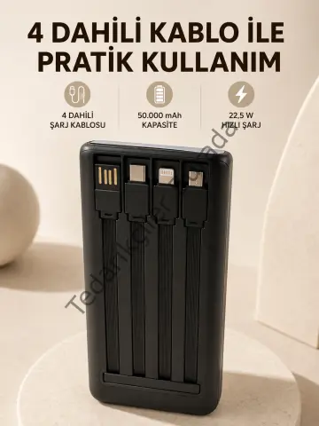 Hızlı Şarj Powerbank 50.000 Mah 4 Dahili Kablolu Led Aydınlatmalı Dijital Göstergeli Taşınabilir Batarya