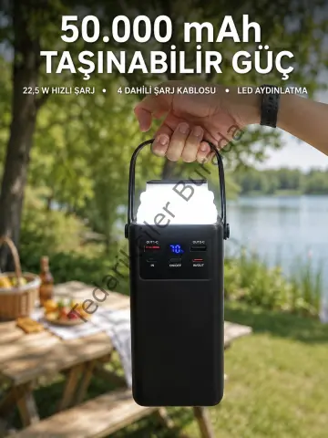 Led Aydınlatmalı Powerbank 50.000 Mah 22,5 W Hızlı Şarj 4 Dahili Kablolu Dijital Pil Göstergeli Batarya