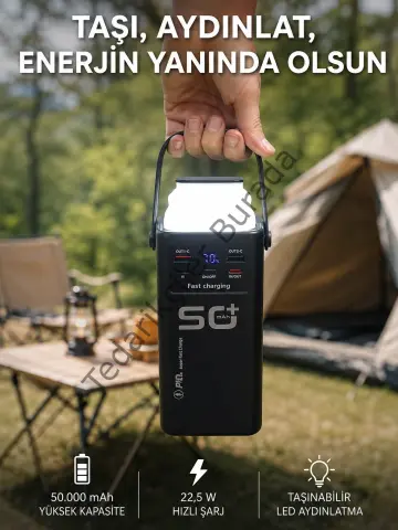 50.000 Mah Powerbank Hızlı Şarj 4 Dahili Kablolu Dijital Göstergeli Led Aydınlatmalı Taşınabilir Şarj Cihazı