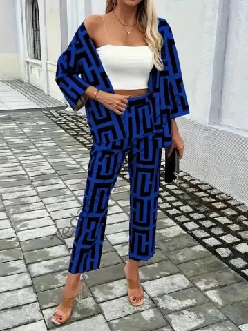 Kadın Uzun Kollu önü Açık Desenli Iki Iplik Ceket Ve Pantolon Ikili Takım