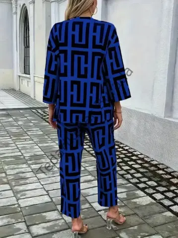 Kadın Uzun Kollu önü Açık Desenli Iki Iplik Ceket Ve Pantolon Ikili Takım