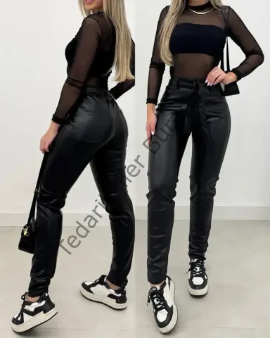 Kadın Yüksek Bel Kuşaklı Deri Pantolon