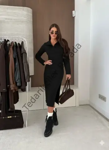 Kadın Uzun Kollu Yakalı Yandan Yırtmaçlı Midi Modal Elbise