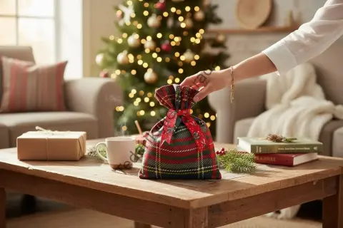 Ekoseli Hediye-Aksesuar Kesesi Yılbaşı Temalı