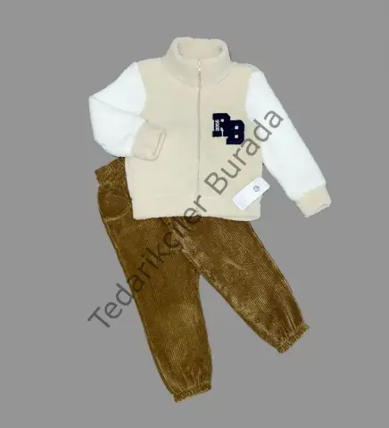 1-2-3 Yaş Kuzu Kumaş Fermuarlı Sweat Kadife Pantolonlu Uzun Kollu Kız Erkek Çocuk 2li Takım