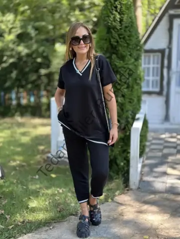 Kadın Kısa Kollu V Yakalı Iki Iplik Bluz Ve Pantolon Ikili Takım