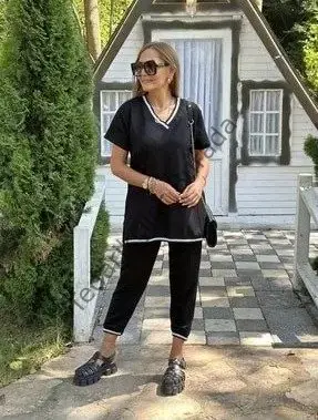 Kadın Kısa Kollu V Yakalı Iki Iplik Bluz Ve Pantolon Ikili Takım