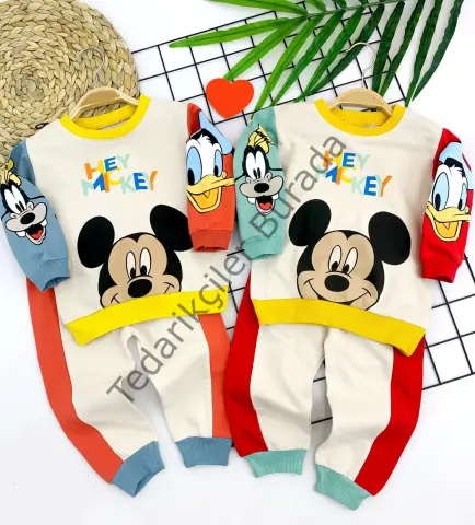 9-12-18-24 Ay Mickey Ve Arkadaşları Desenli Uzun Kollu Sweat 2li Kız Erkek Bebek Takımı